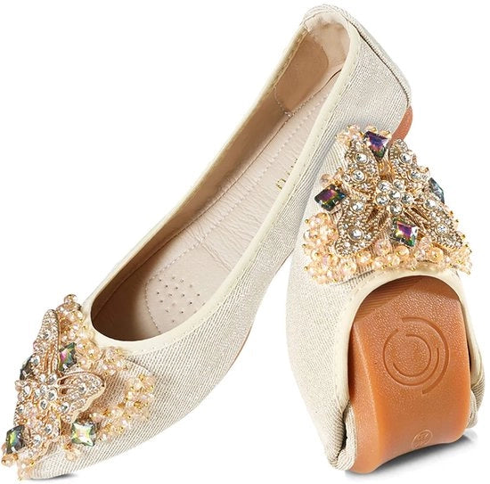 Balletto in Punti - Piatto Flessibile - Cuscino Interno Pieno - Decorazione con Strass - Tessuto Microfibra Aria - Cinturino in Gomma Elastico - Scarpe Donna