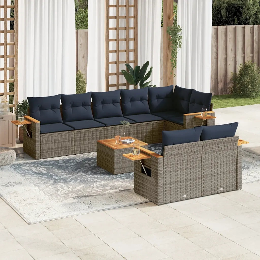 Set Divani da Giardino 9 pz con Cuscini Grigio in Polyrattan