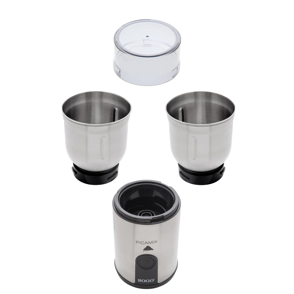 Tritatutto elettrico 2 contenitori, macinacaffè spezie erbe 85g, lame acciaio inox umido secco 160W - SOGO