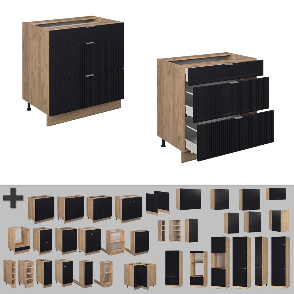 Mobiletto base per cucina Fame-Line Nero rigato/Rovere dorato 80 cm con 3 cassetti, PL Antracite Vicco