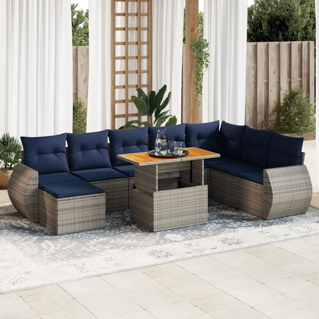 Set Divano da Giardino 9 pz con Cuscini Grigio in Polyrattan 3327302