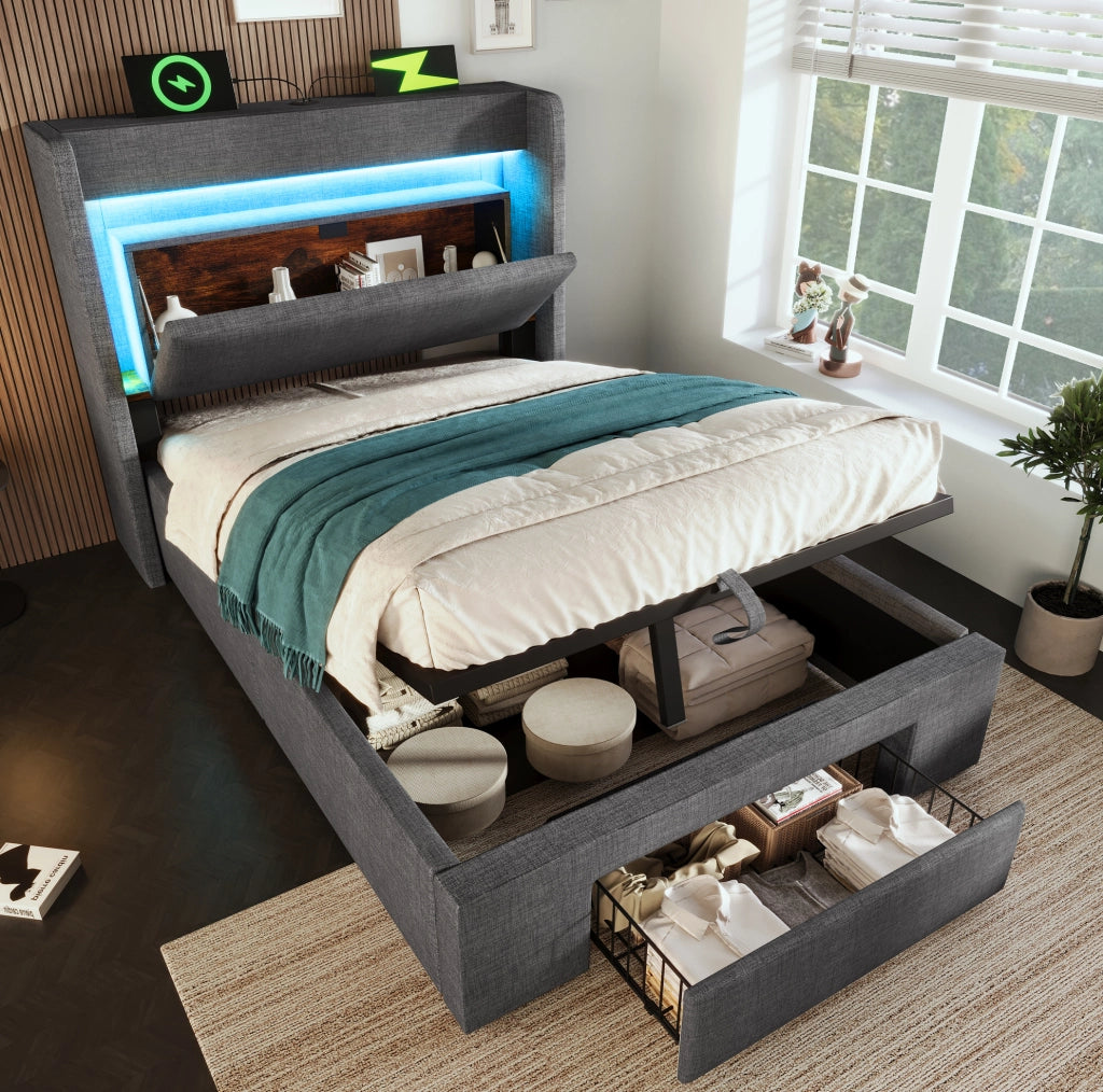 Letto imbottito 90x200 cm con contenitore idraulico; LED; USB e USB C; lino grigio