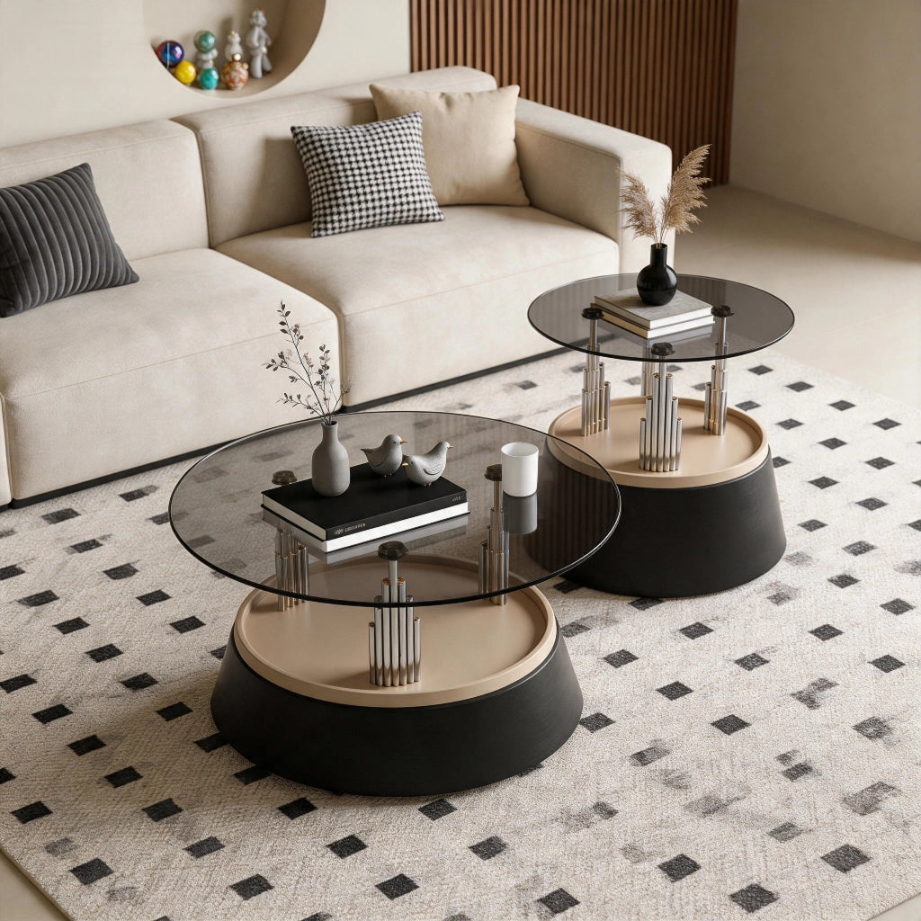 TAVOLINO Set da 2 pezzi in vetro temperato e metallo nero