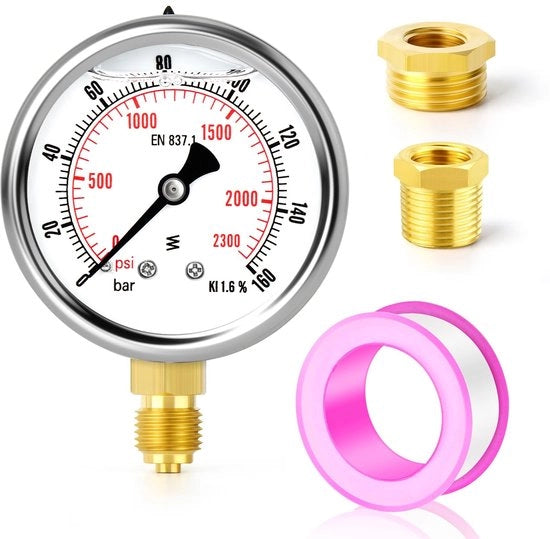 Drukmeter Liquido 0-160 Bar - Liquido Riem - 2,5" FACCIA DEL DIALLO - MANIGLIA A SEI ANGOLI IN OTTONI - MONTAGGIO IN BASO - Adatto per Acqua/Olio/Aria