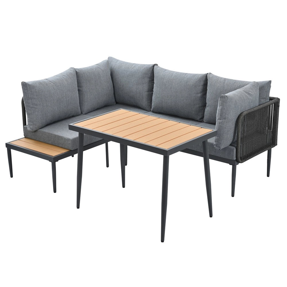 Gruppo da pranzo da giardino angolare - Zephmum- Divano + tavolo, struttura tubolare acciaio zincato, piano tavolo in plastica legno, grigio