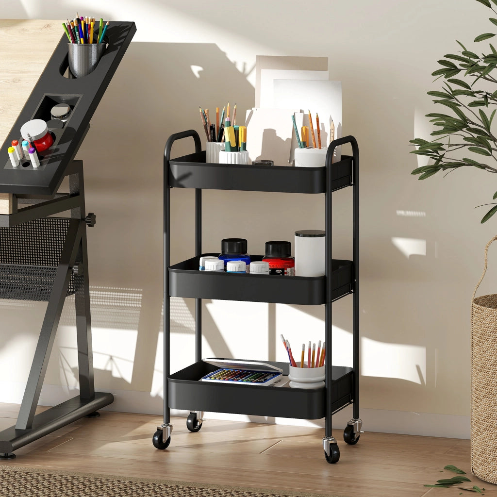 Carrello Multiuso con 3 Ripiani e 4 Ruote ¨C Minimal ¨C Nero 45x30.6x79 cm
