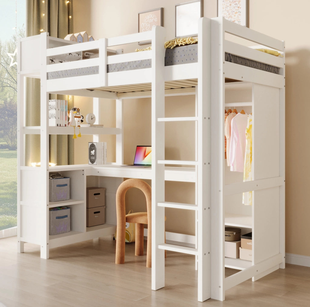 Letto a soppalco 90x200 cm con scrivania; ripiani e armadio; bianco