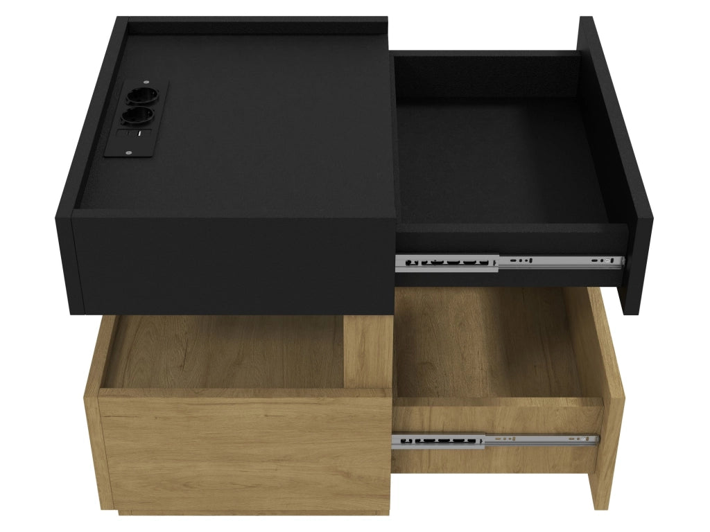 Comodino, 2 cassetti, tavolino a due ripiani, luce a LED, nero e color legno naturale