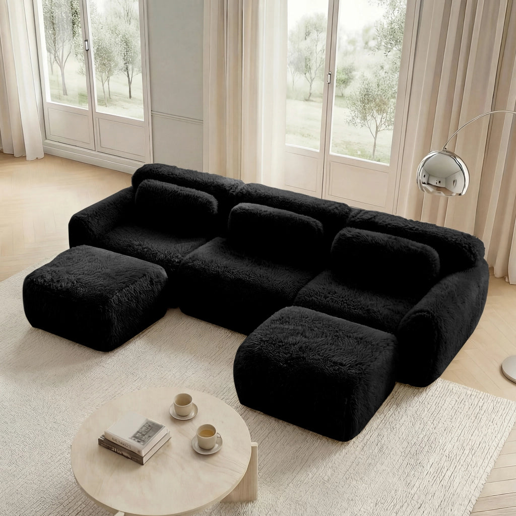 Divano Modulare a U 2-4 Posti senza Montaggio con Pouf e Cuscini; Base Antiscivolo in Peluche Nero