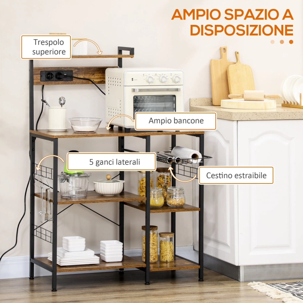 Scaffale Cucina con Multopresa 90x42x130 cm in Legno e Acciaio Marrone Rustico
