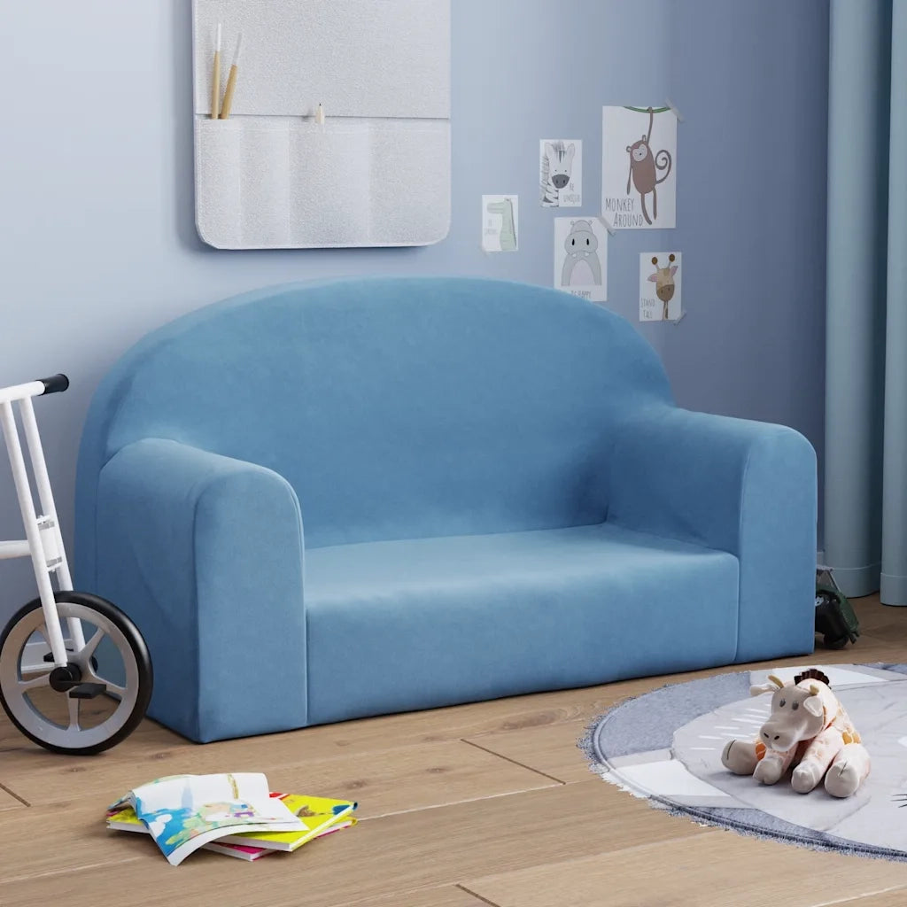 Divano per Bambini a 2 Posti Blu in Morbido Peluche 357014