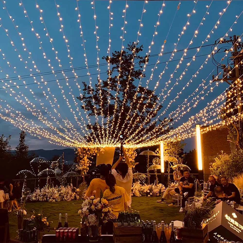 CATENA LUMINOSA PROFESSIONALE CIELO STELLATO 100 LED CAVO BIANCO 10M PROLUNGABILE - LUCE CALDA FISSA E CALDA FLASH INTERMITTENTE PER ESTERNI E INTERNI