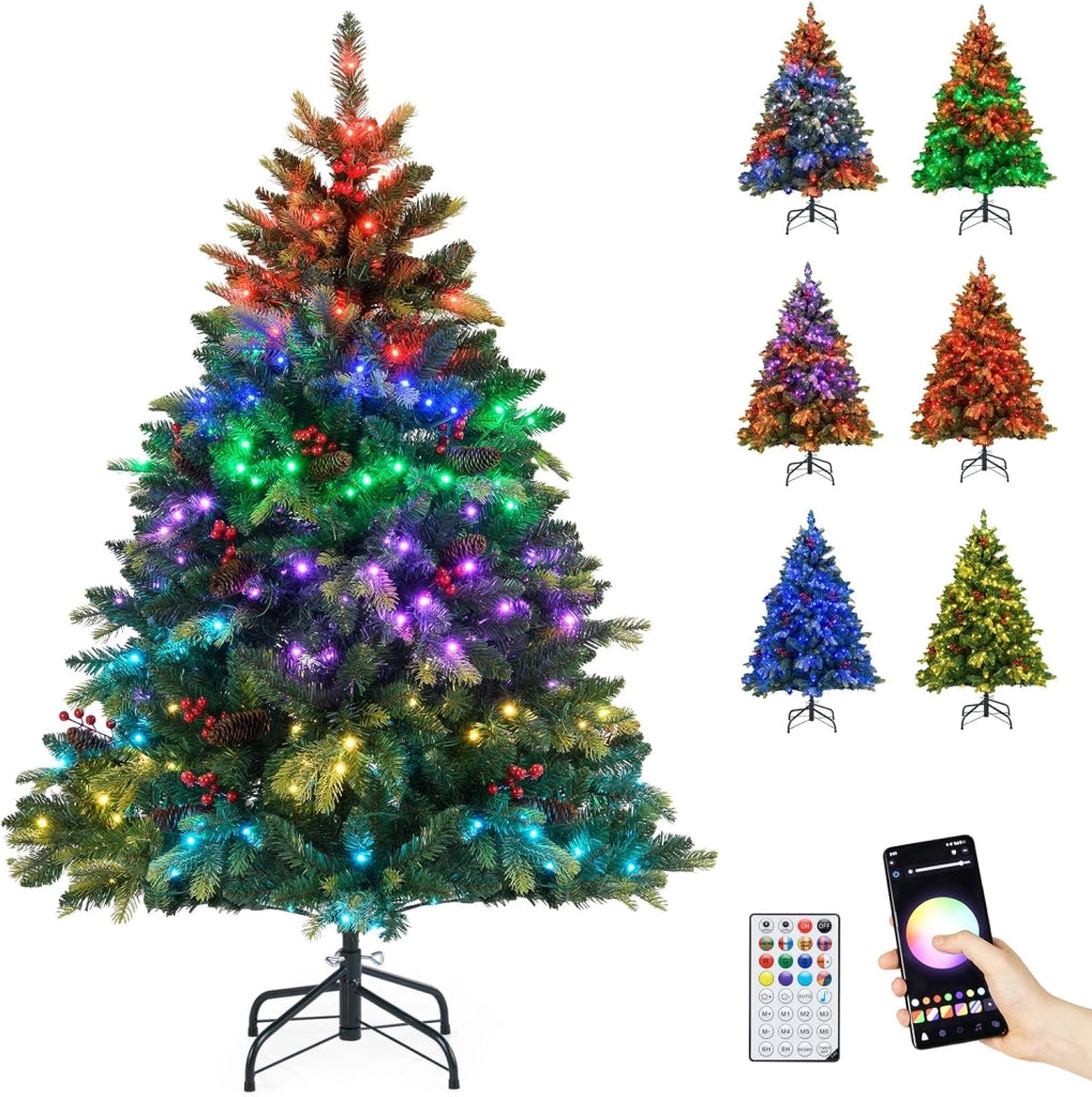 Albero di Natale Artificiale 150/180 cm, con 250/370 Luci RGB Multicolori Controllabili tramite APP, 584/1054 Rami in PE & PVC, 23/41 Pigne e 23/41 Bacche Rosse e Controllo Remoto (180 cm)