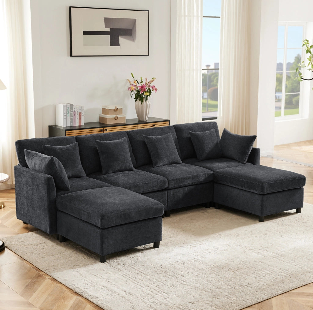 Divano modulare 4-6 posti con 2 pouf e 6 cuscini; 278x161x81 cm; in chenille grigio