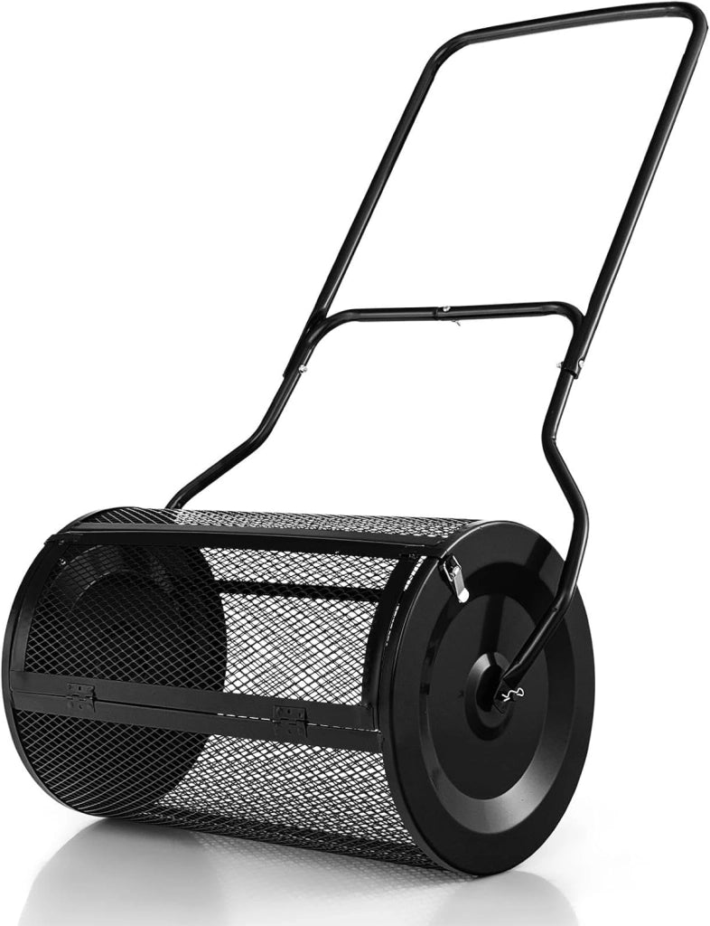 Rullo Spargiconcime Prato da 80L, Spargiconcime a Rullo Ø39 x 68 cm con Manico e Cestello in Rete Metallica, Spargiterriccio da Giardino per Concimazione e Semina (Nero)