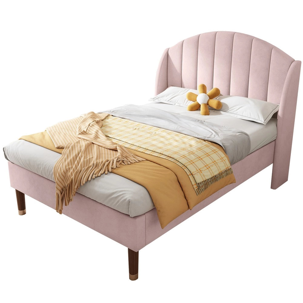 Letto Singolo Imbottito con Rete a Doghe e Testiera ¨C MINIMAL ¨C Velluto Rosa 90x200