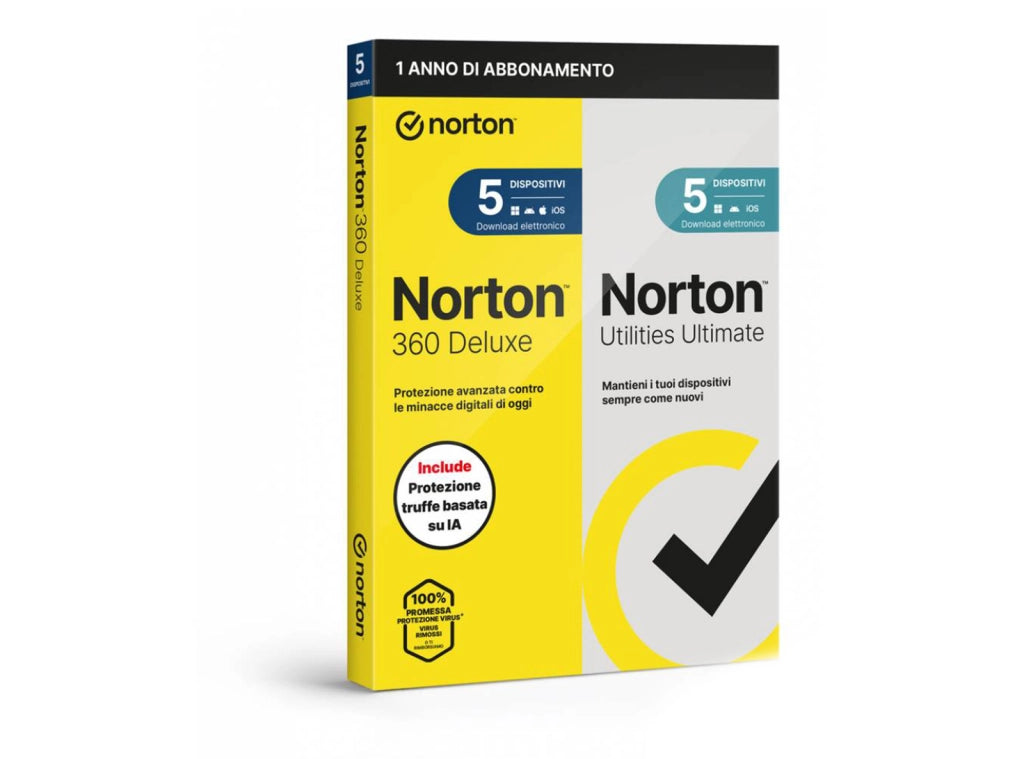 Antivirus Norton 360 Deluxe 2026 con Utilities Ultimate - 5 Dispositivi 12 Mesi - 50GB Cloud PC Mac Android