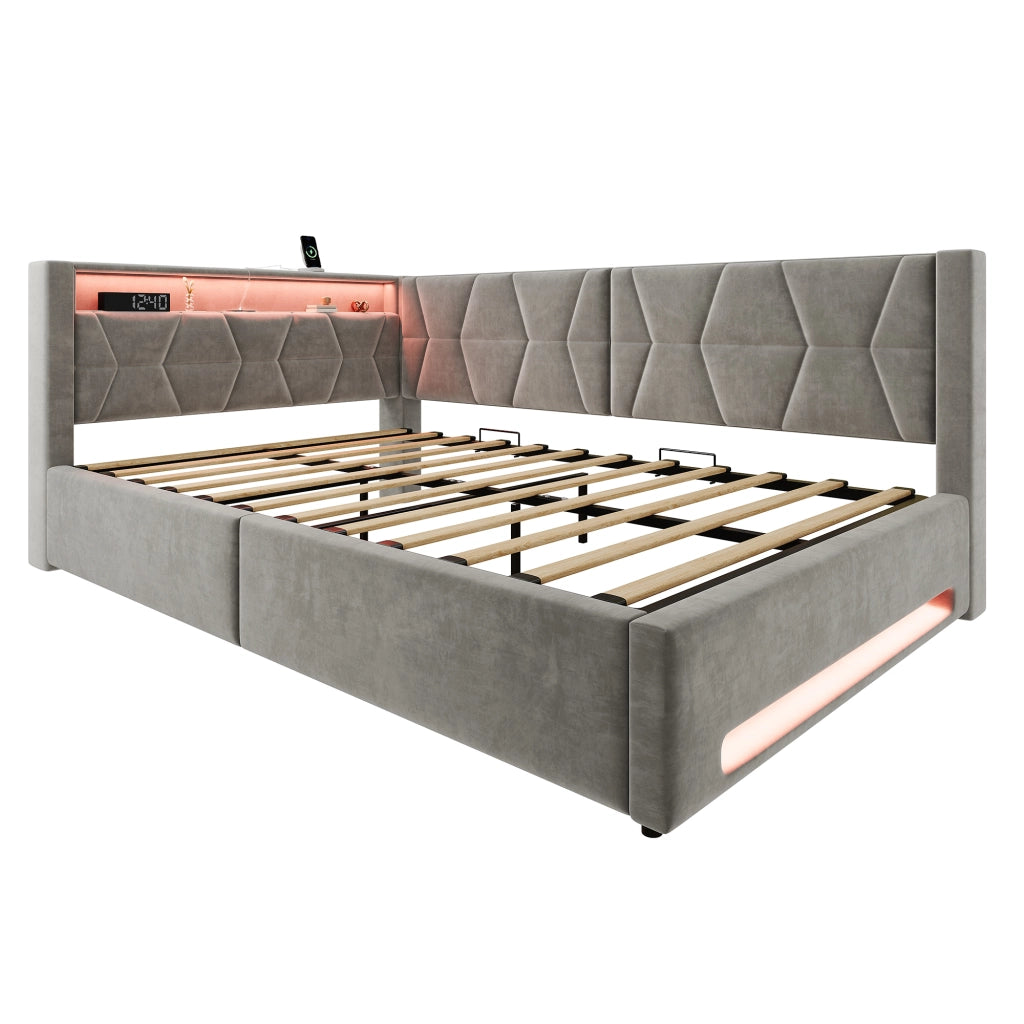 LETTO imbottito 140x200 cm con contenitore, velluto grigio scuro, LED, USB e Type-C