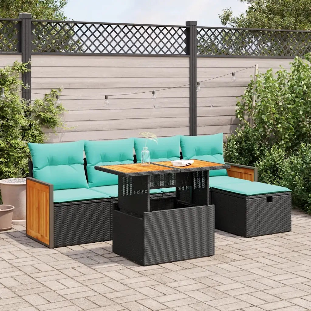 Set Divano da Giardino 6 pz con Cuscini Nero Polyrattan Acacia 3328149
