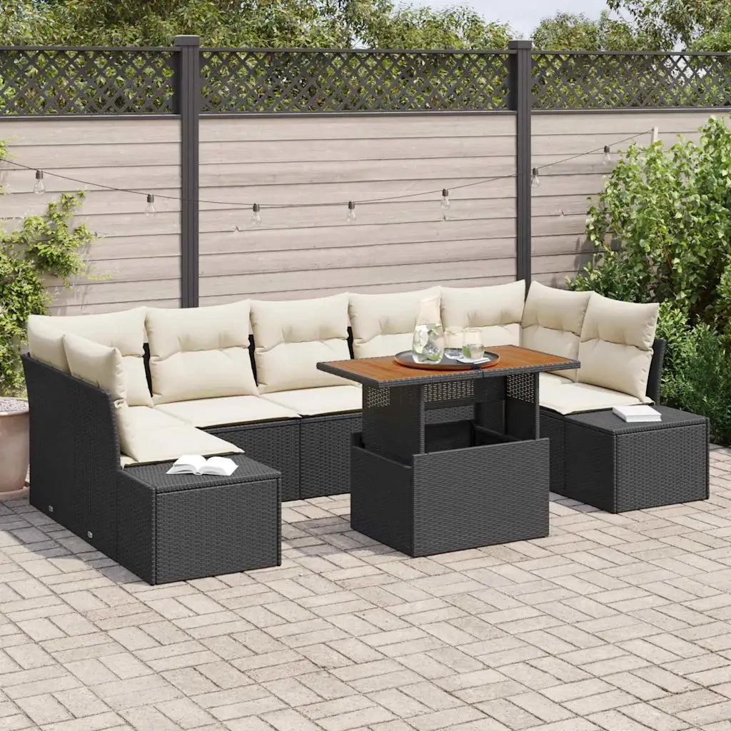 Set da Pranzo per Giardino con cuscino 8 pcs Nero e Crema