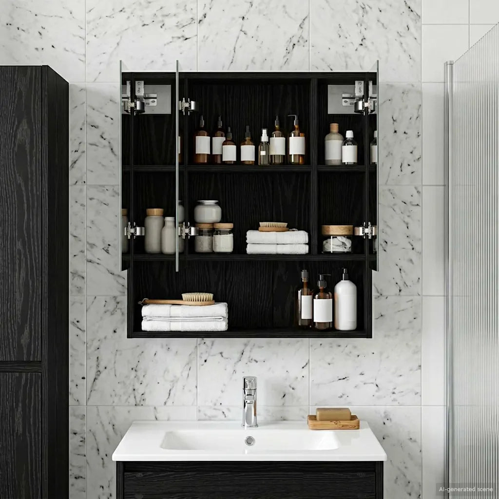 Mobiletto per specchio da Bagno | Armadio da bagno Rovere Nero 60 x 14.5 x 70 cm
