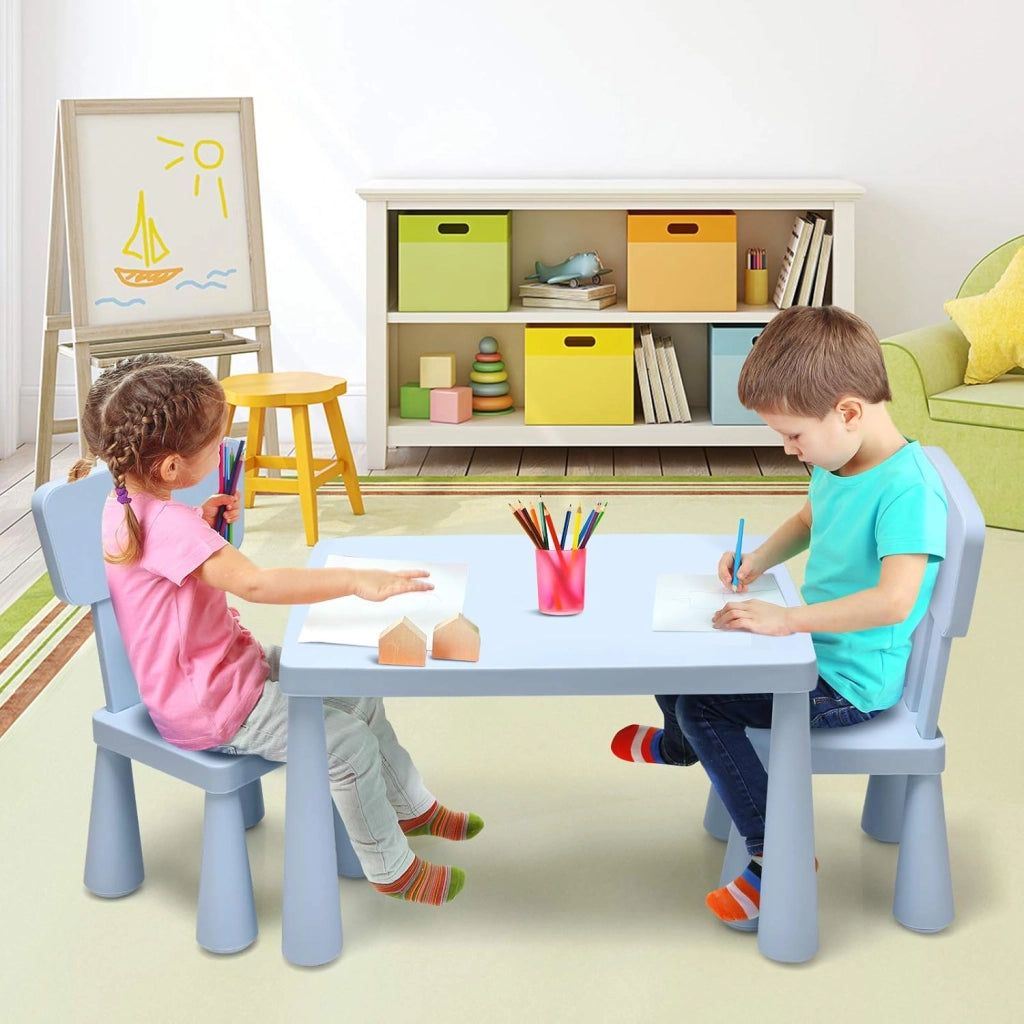 Set di Tavolo e Sedie per Bambini, Multifunzione, Tavolo e 2 Sedie da Gioco, Facile da Montare, capacità di Carico 50 kg, 76,5 x 54,5 x 49,5 cm, Blu