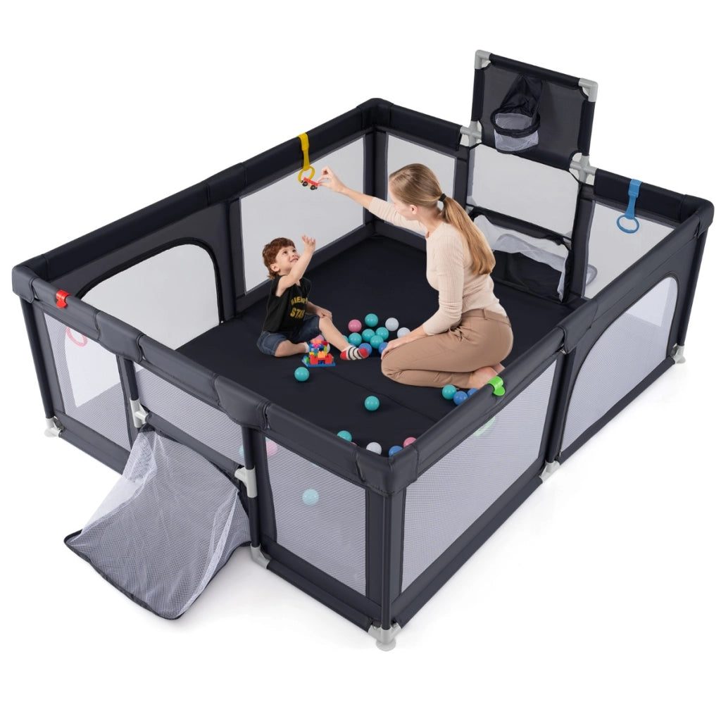 Recinto da gioco per bambini con porta con cerniera rete traspirante, Recinto gioco per bambini con canestro da basket Grigio scuro