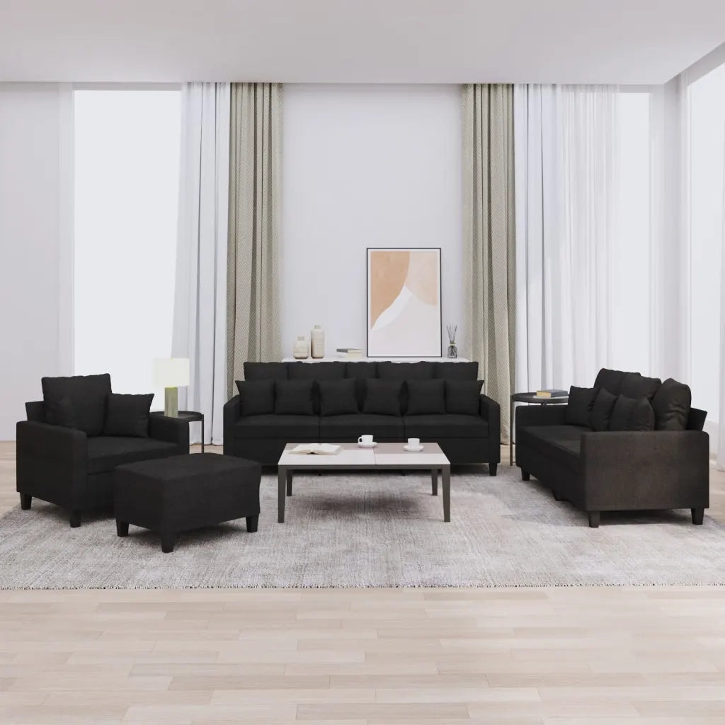 Set Divani 4 pz con Cuscini Nero in Tessuto