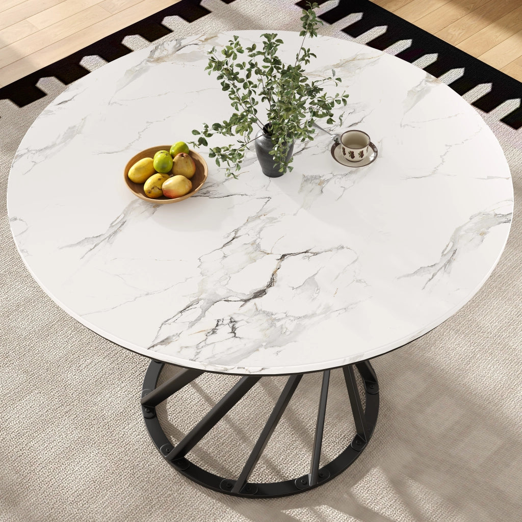 Tavolo da Pranzo Rotondo ¨C Xylo ¨C Piano MDF Effetto Marmo, Gambe in Metallo Nero, 80x80x76