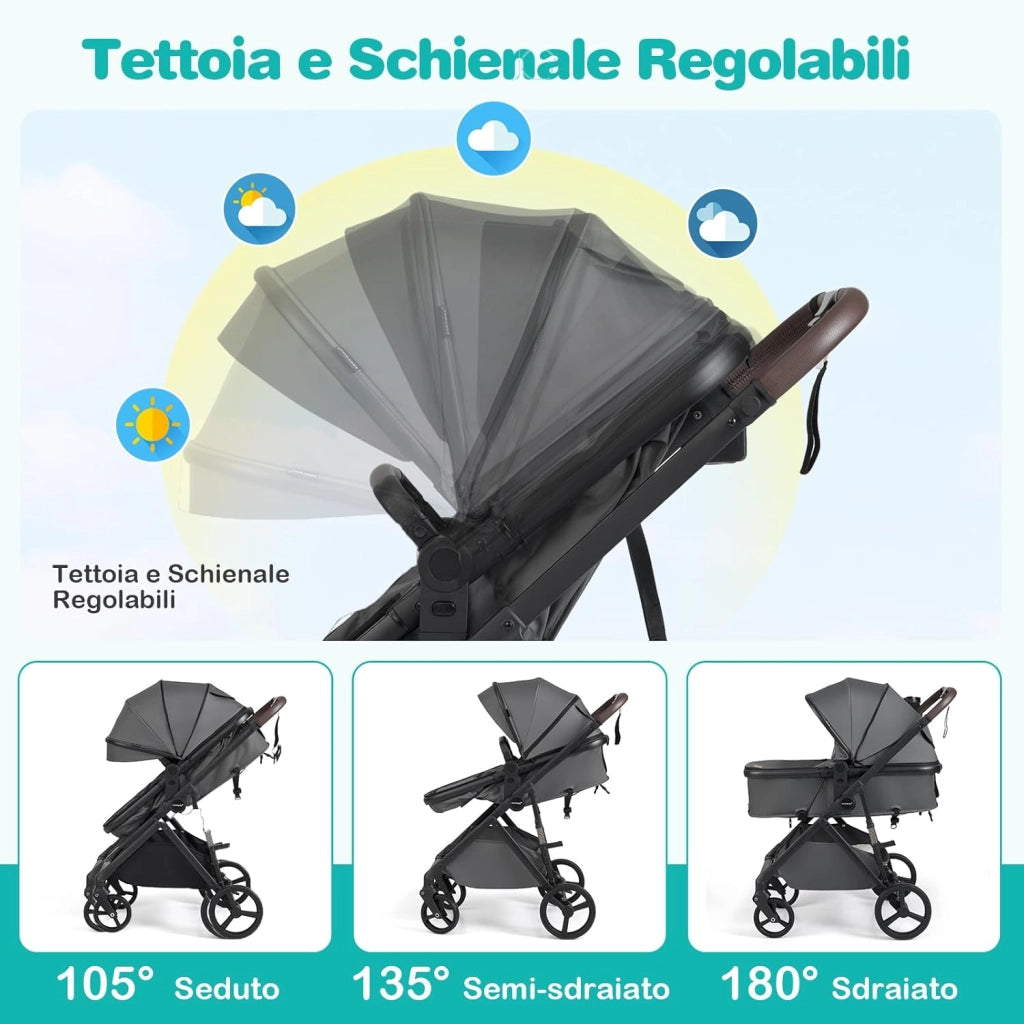 2 in 1 Passeggino Leggero Pieghevole per Bambini, con Schienale Regolabile, Sedile Reversibile, Tettuccio, Cestello Portaoeggetti, per Neonati per 0-36 Mesi (Grigio)