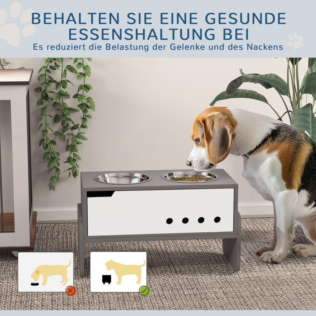 Stazione di alimentazione rialzata per cani con contenitore e ciotole in acciaio inossidabile ¨C Minimal ¨C Grigio 60x50x30