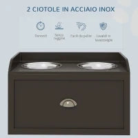 Ciotole per Cani Rialzate in Acciaio Inox e Legno con Cassetto, 60x30x36cm, Marrone