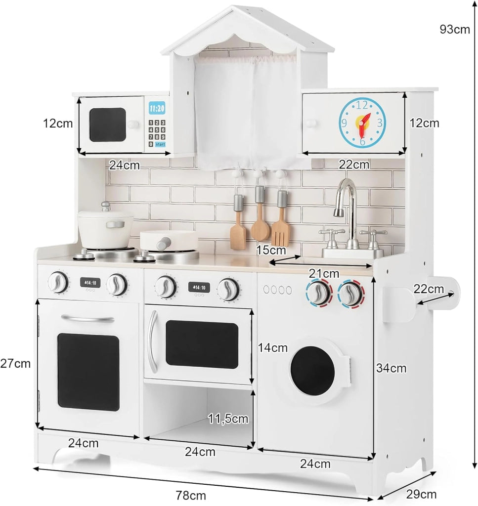 Cucina Giocattolo per Bambini, Cucina Legno per Bambini con Lavatrice, Piano, Cottura Forno e Microonde, 3 Anni+, Bianco