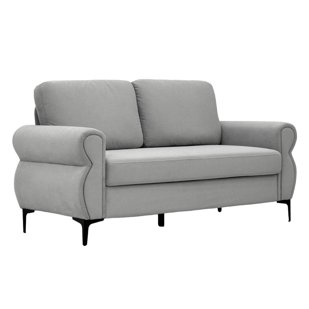 Divano in tessuto a pelo corto con cuscini sfoderabili e seduta ergonomica in metallo e legno grigio chiaro