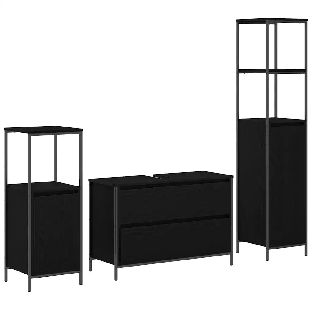 Set di mobili per il Bagno | Armadio da bagno 3 pz Rovere Nero Legno multistrato