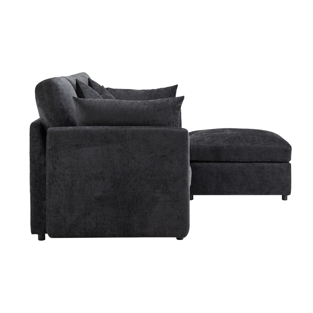 Divano angolare L convertibile in 3 posti - Zephmum- Grigio con cuscini in chenille e pouf mobile