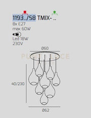 SOSP. CROMO 8 LUCI TONDA VETRI (5 PICCOLI+3 MEDI) TUTTI TRASPARENTE 1193CR-S8 TMIX-TR