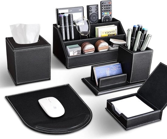 Set di scrivania completo in pelle PU nera, 5 pezzi