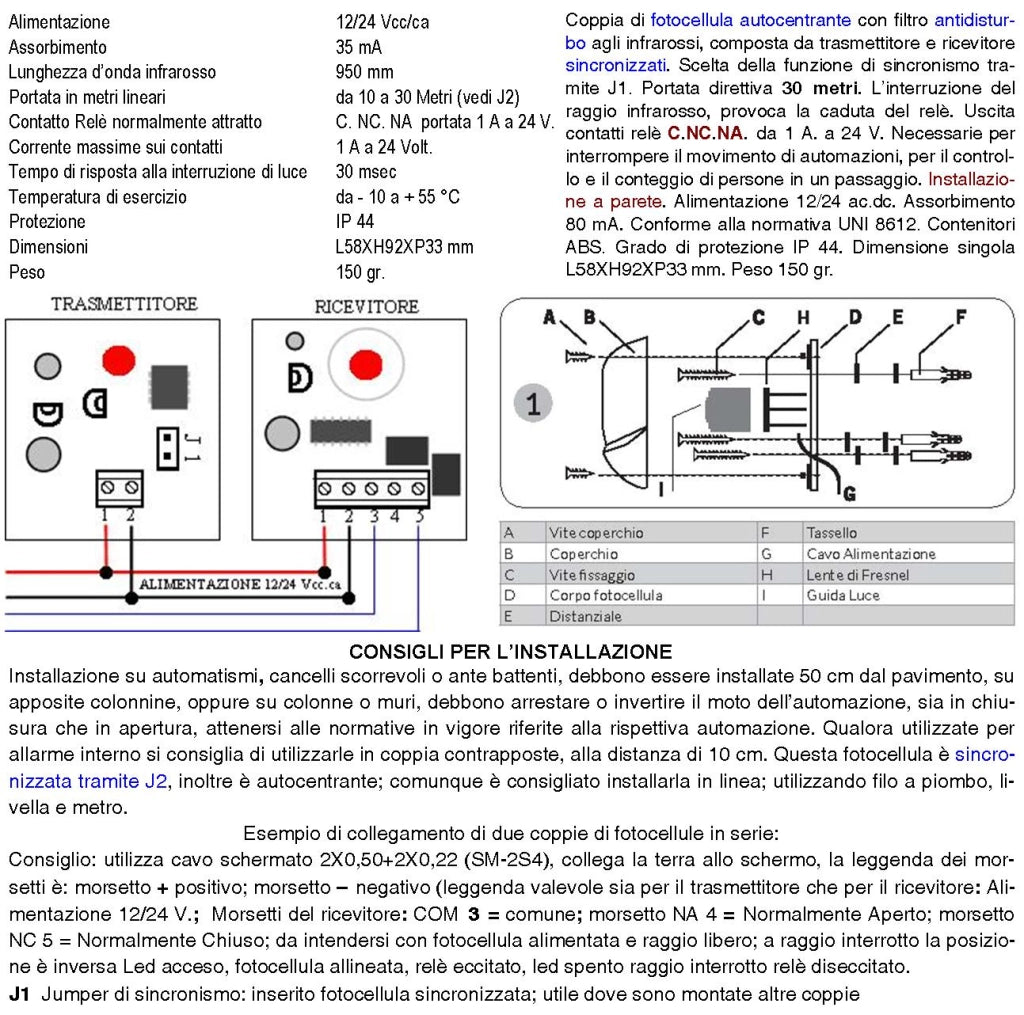 Coppia Fotocellula Portata 30 Metri Lineari Protezione Passaggio Automatismo Cancello Elettrico Allmatic Montaggio a Parete o Palina Alimentazione 12/24 Vac
