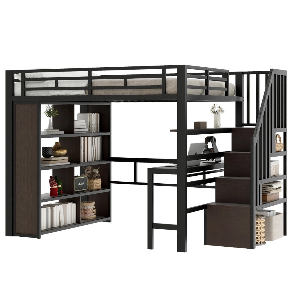 Letto a Soppalco con Scrivania e LED ¨C MINIMAL ¨C Metallo Nero 140x200