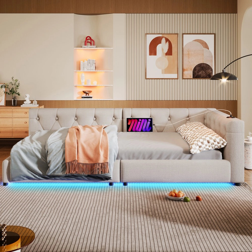 Letto Diurno Imbottito con LED ¨C MINIMAL ¨C Lino Beige 90x200