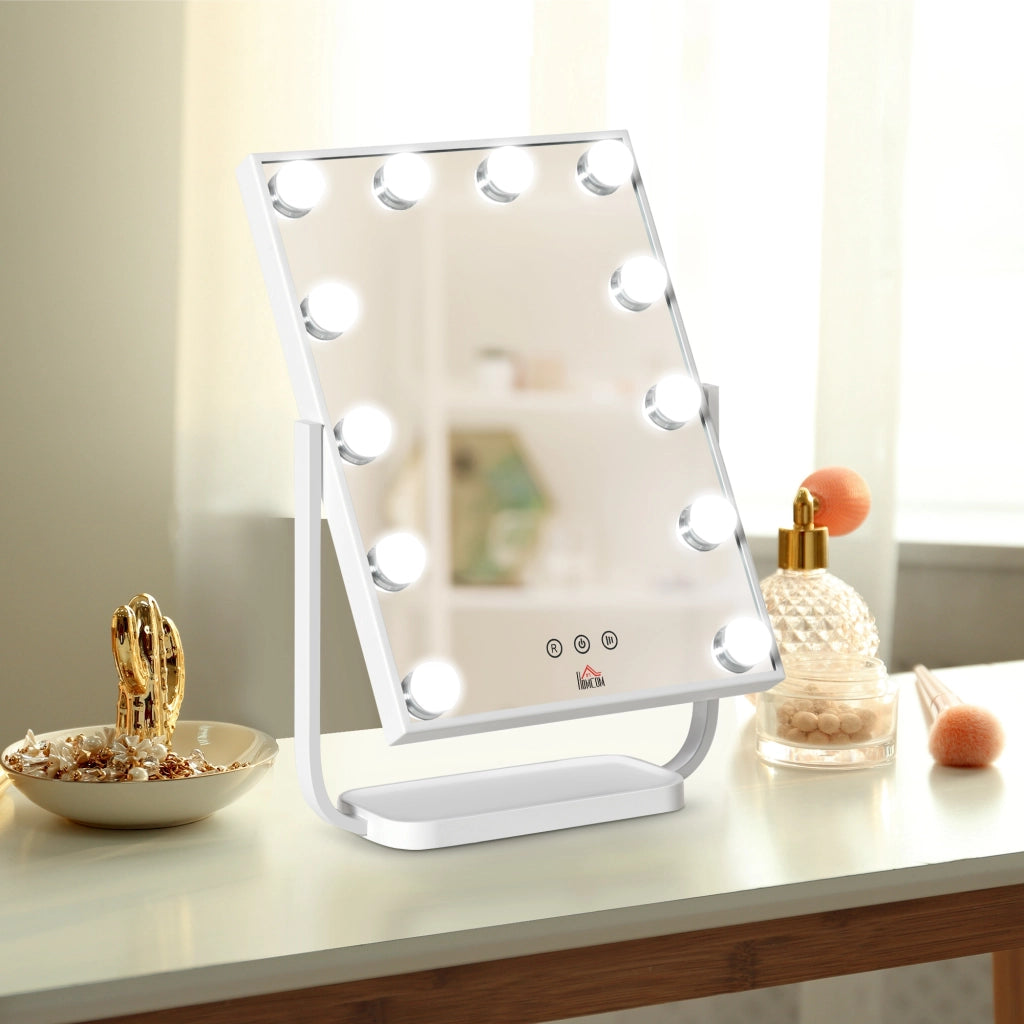 Tavolino da toeletta con specchio e luci LED, 3 modalit¨¤, touch, memoria ¨C Minimal ¨C Bianco, 32.8x11x47.4 cm
