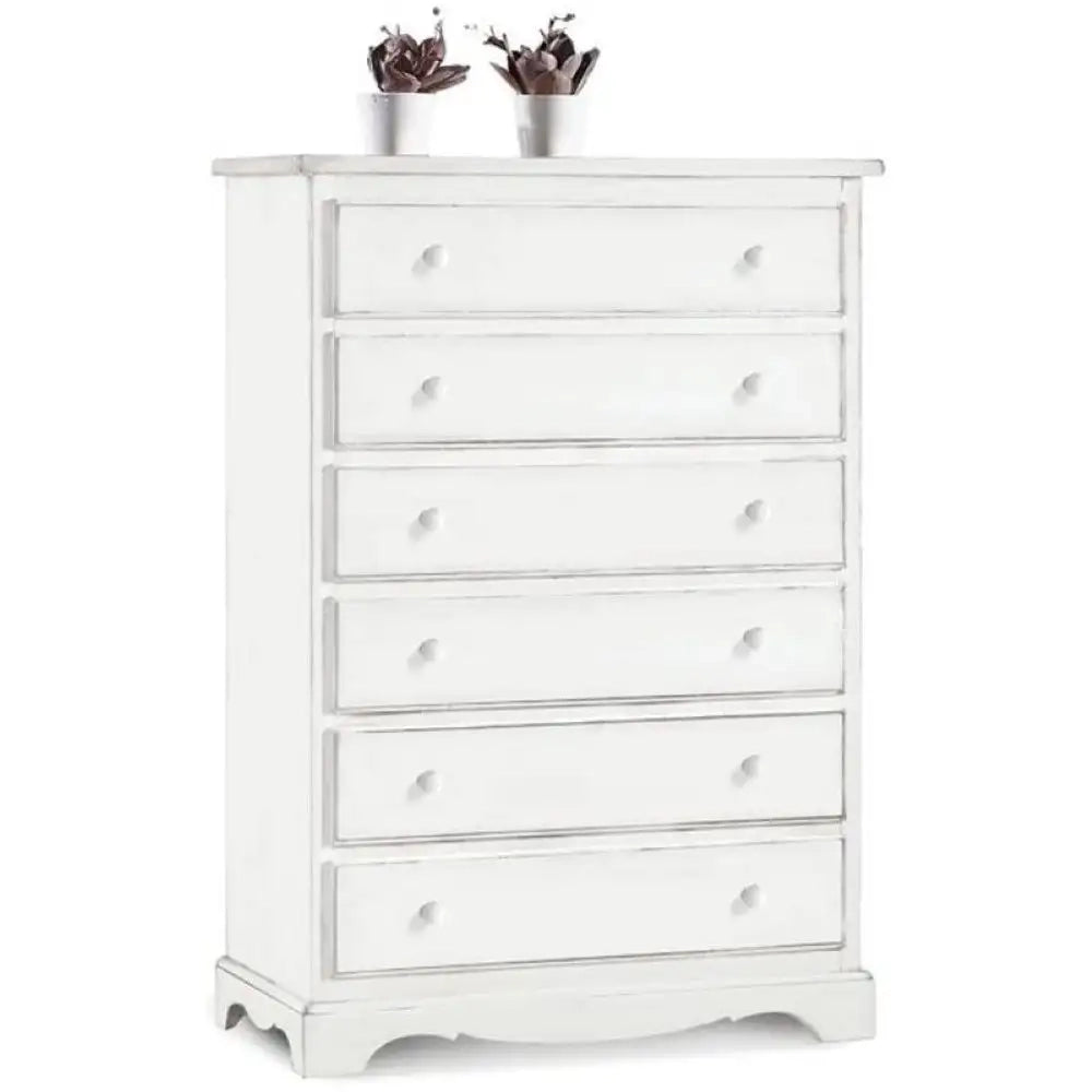 Cassettiera 6 cassetti arte povera in legno massello e mdf con rifinitura in bianco 97x49x140 H