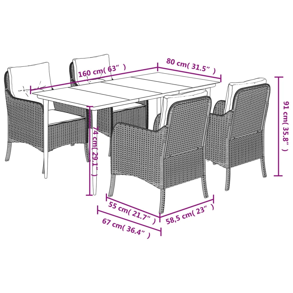 Set da Pranzo da Giardino 5 pz Nero con Cuscini in Polyrattan