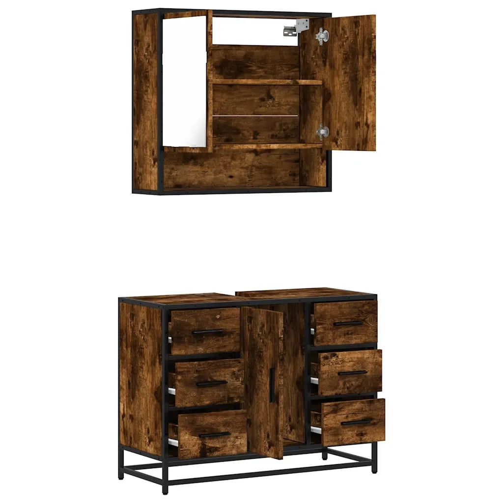 Set Mobili da Bagno | Armadio da bagno 2 pz Rovere Fumo in Legno Multistrato