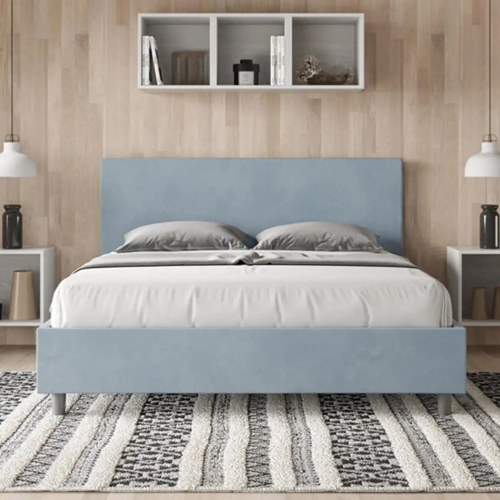 Letto matrimoniale senza rete imbottito 160x200 microfibra azzurro Adele