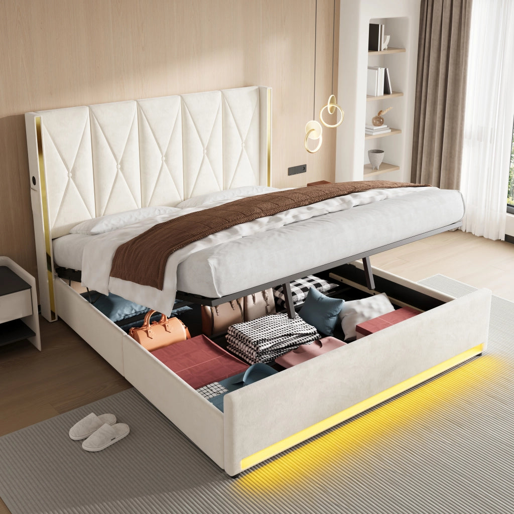 LETTO imbottito 180x200 cm in velluto beige con USB, LED e contenitore