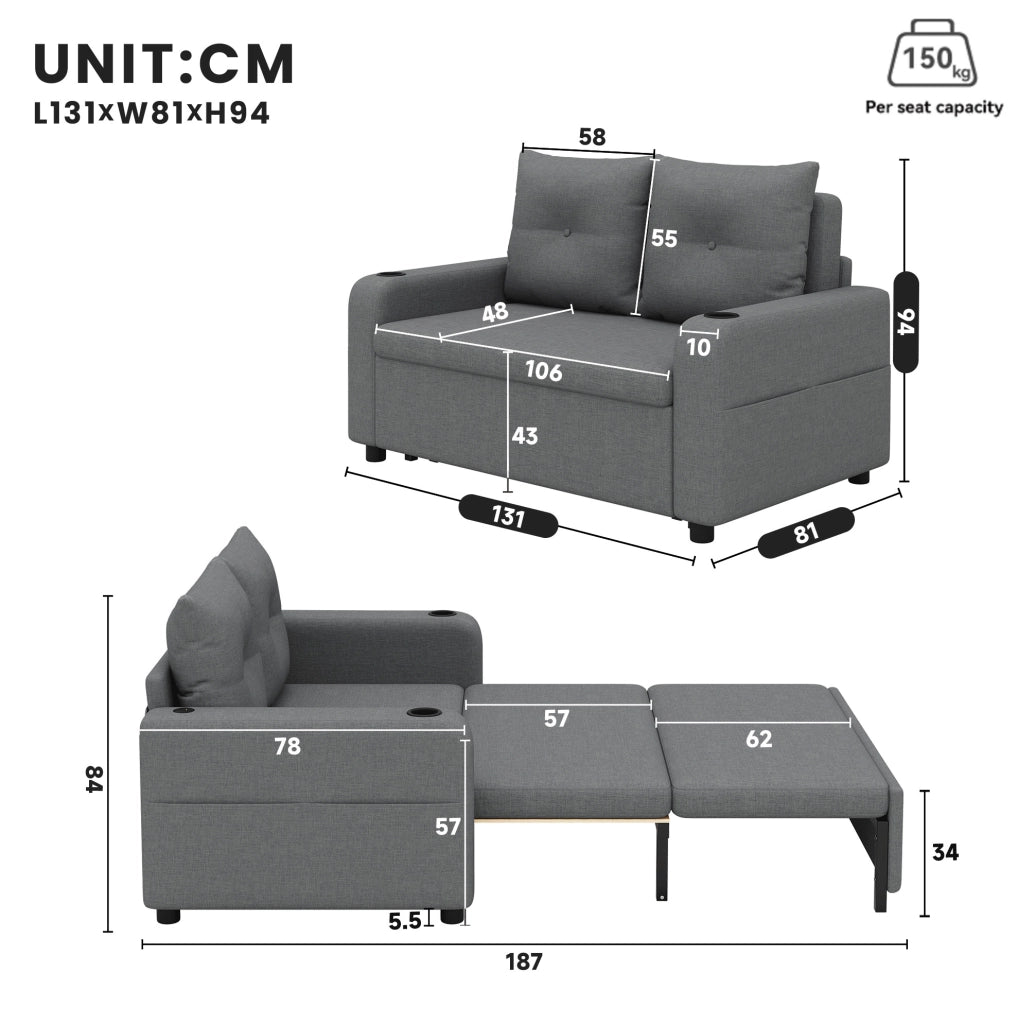 Divano letto 2 posti multifunzione 131 cm con porta bicchieri; USB e Type-C; grigio