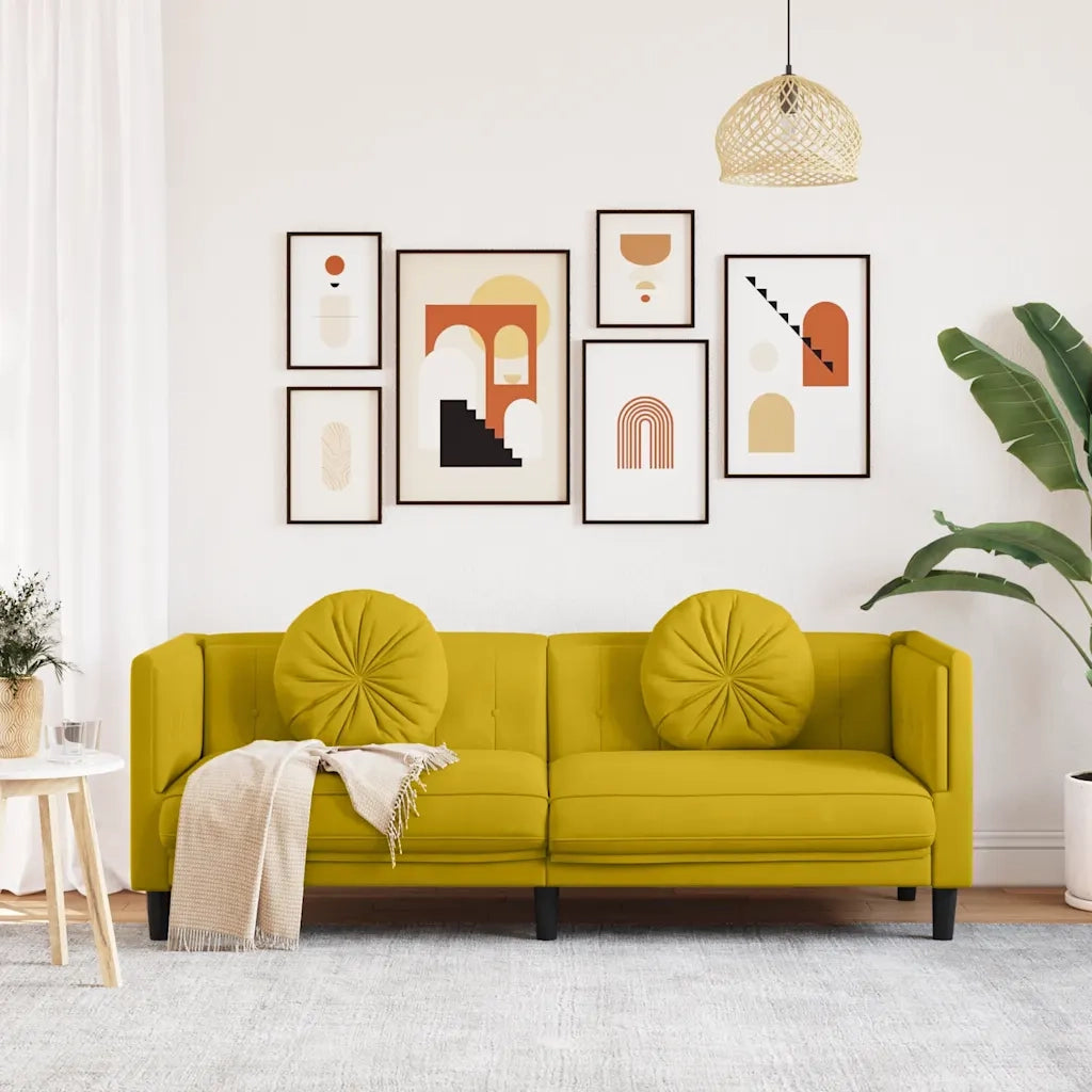 Divano a 3 Posti con Cuscini-Sofa 3 Posti con Cuscini Giallo in Velluto
