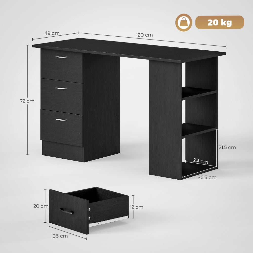 Scrivania PC con 3 Ripiani e 3 Cassetti per Camera e Ufficio. in Legno MDF. 120x49x72 cm. Nera